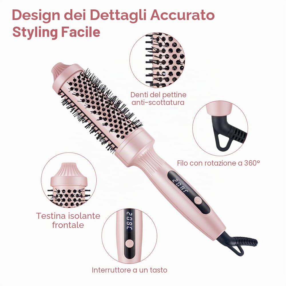 Spazzola Termica per Capelli, Thermal Brush 38 mm, Spazzola Lisciante Arricciacapelli, Spazzola Rotonda Riscaldata di Temperature Regolabile con Cavo 2 m per Capelli Lisci, Ricci, Dual Voltage