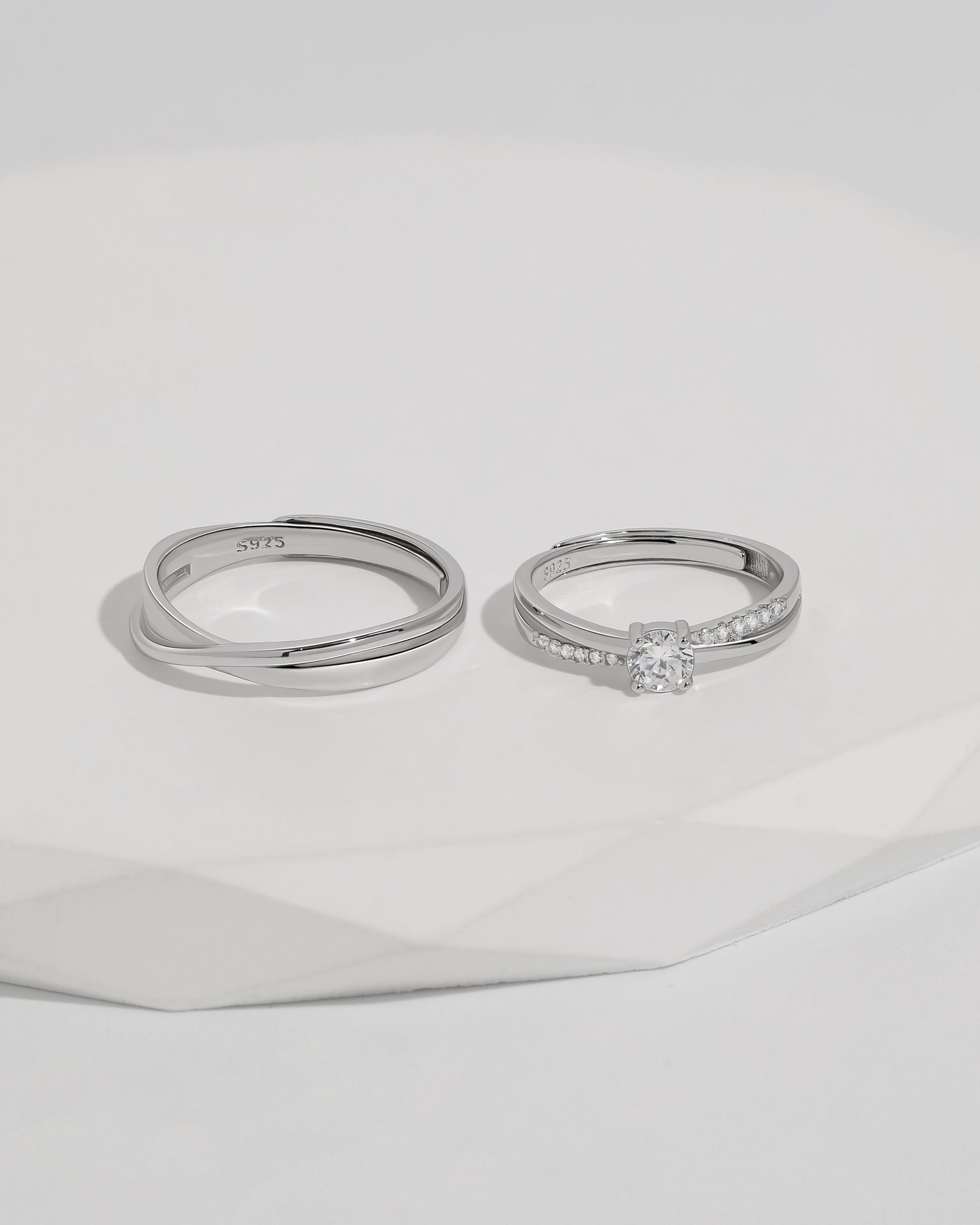 Messia Alianzas de Plata Pareja Anillos de Compromiso de Ley 925 Diseño Cruzado con Circonita Redonda Anillo Ajustables para Ella y Él Boda Aniversario Regalo