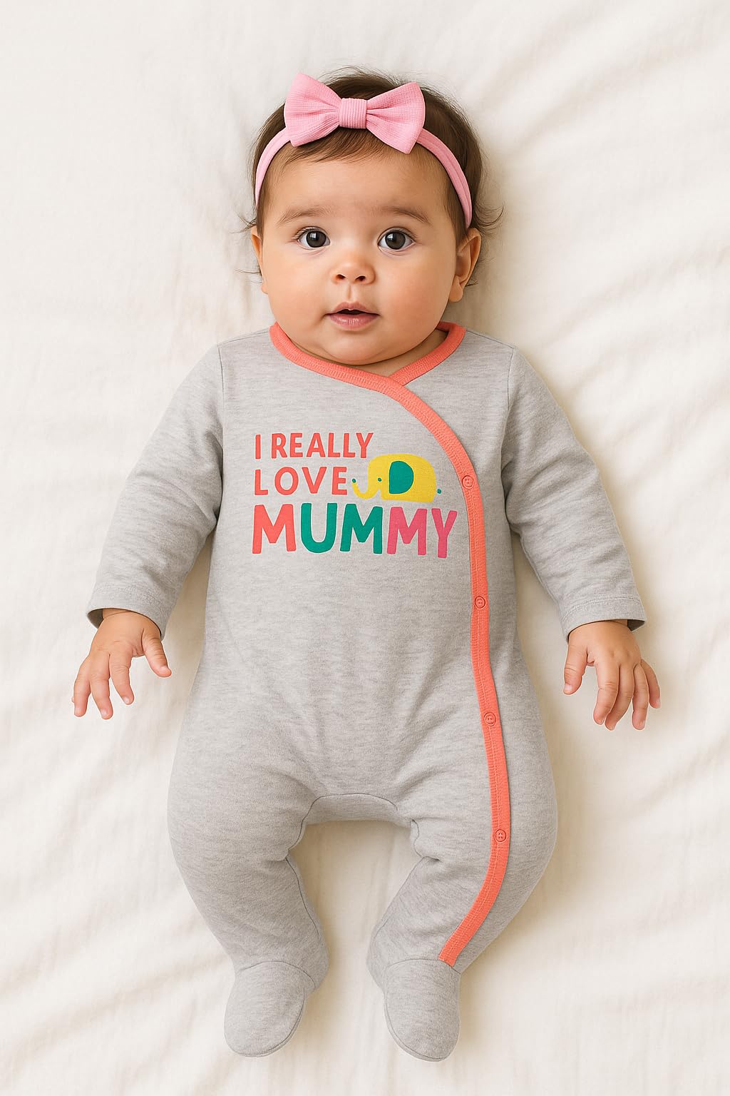 TuddyBuddy 100% Cotton Footed Romper Sleepsuit for Baby (9 Months-12 Months, Pack of 2 - Coral Elephant & Solid Grey) - Image 4 thumbnail