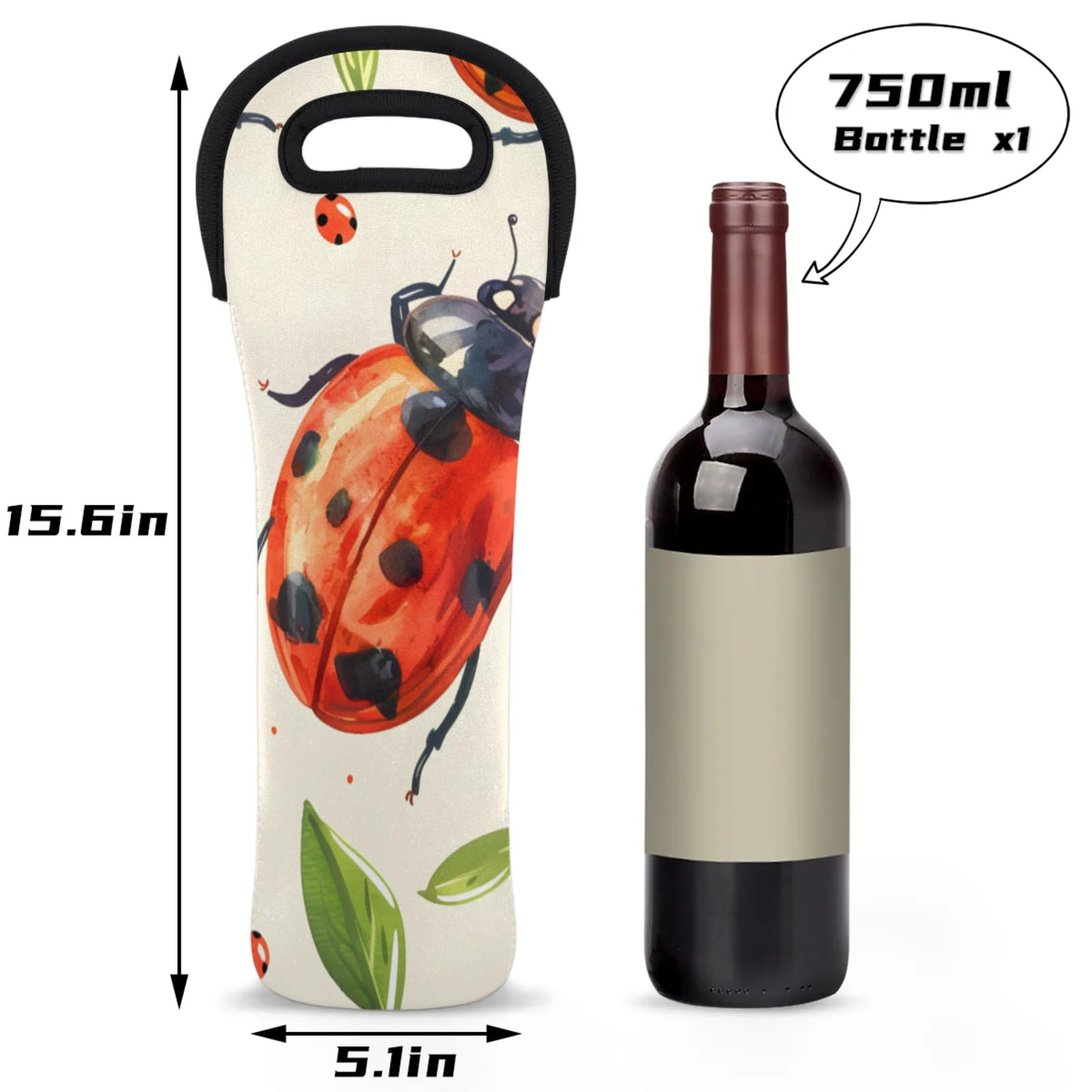 Neoprene Wine Tote Carrier Bag for Wine,Water, Champagne, Beer, Baby Bottles 15.6 x 5.1 Inches, Protective Wine Bag,Mystical Ladybugs