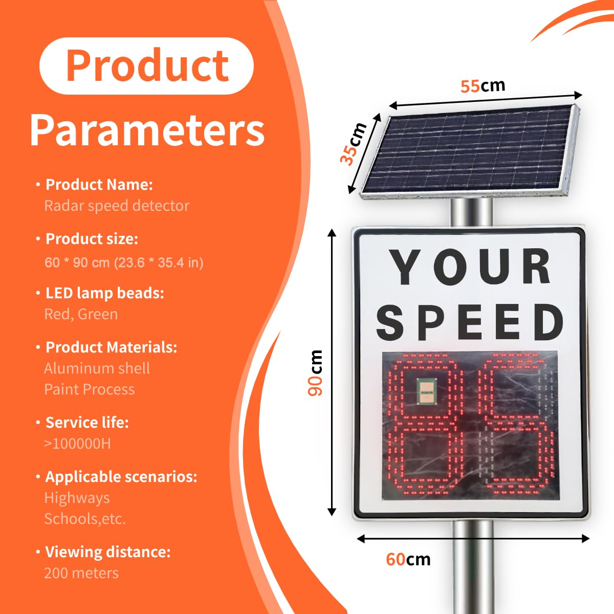 Pantalla Radar LED De Límite De Velocidad De 60x90 Cm – Alimentación Solar, Cartel Solar con Radar LED Su Velocidad, con Retroalimentación Instantánea Y Control Remoto