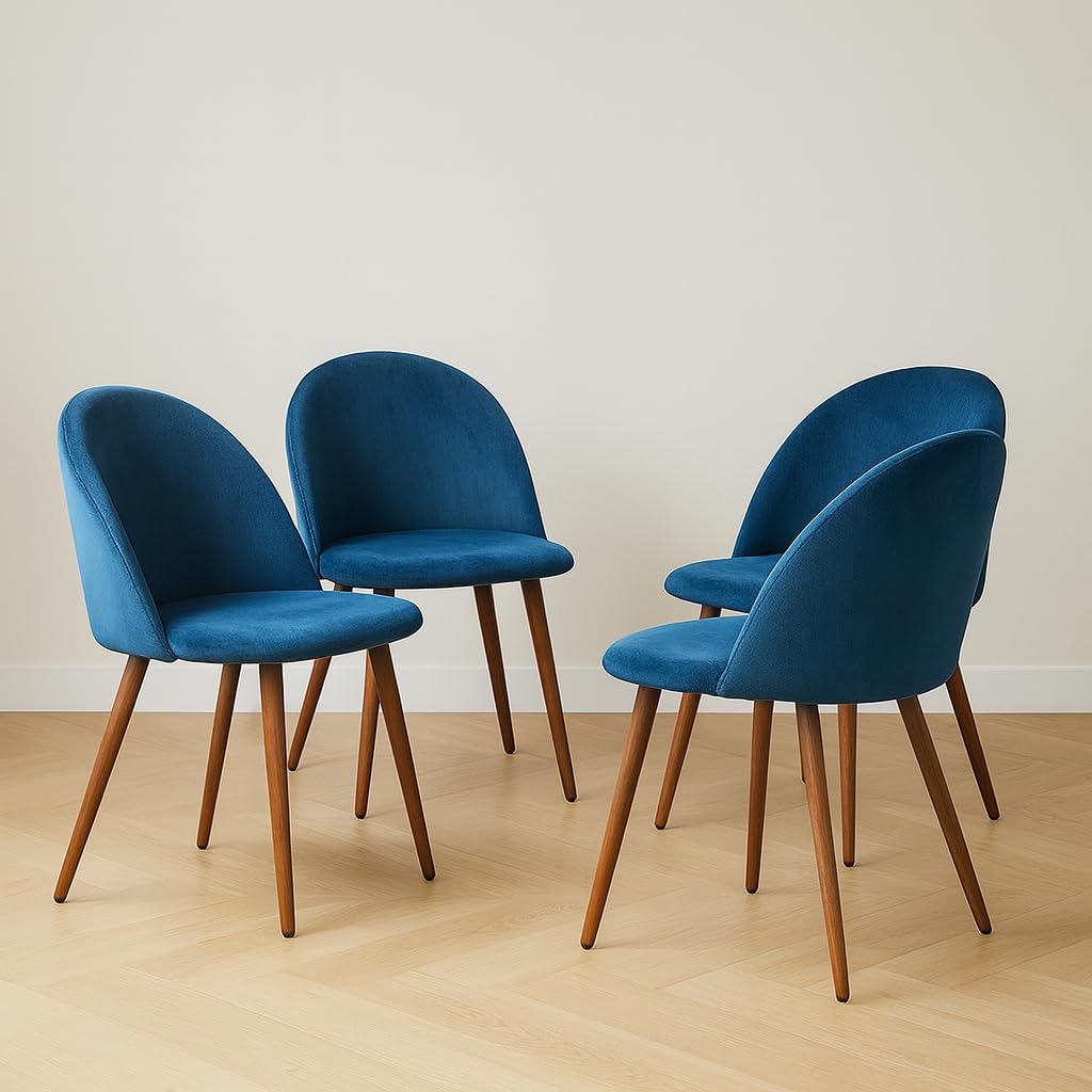 modern velvet dining chairs set of 4, upholstered accent side chairs with curved backrest and wooden legs, contemporary kitchen & dining room furniture, blue