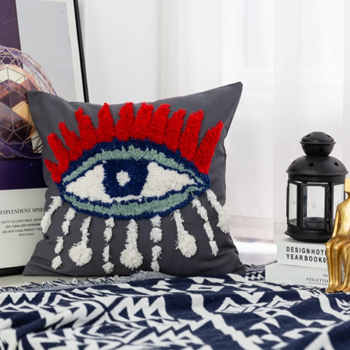 Evil Eye Woven Tufted Throw Pillow Cover,God Tears Cozy Cushion Cover for Bedroom Living Room Couch,Regalo para Navidad,18x18 Inches