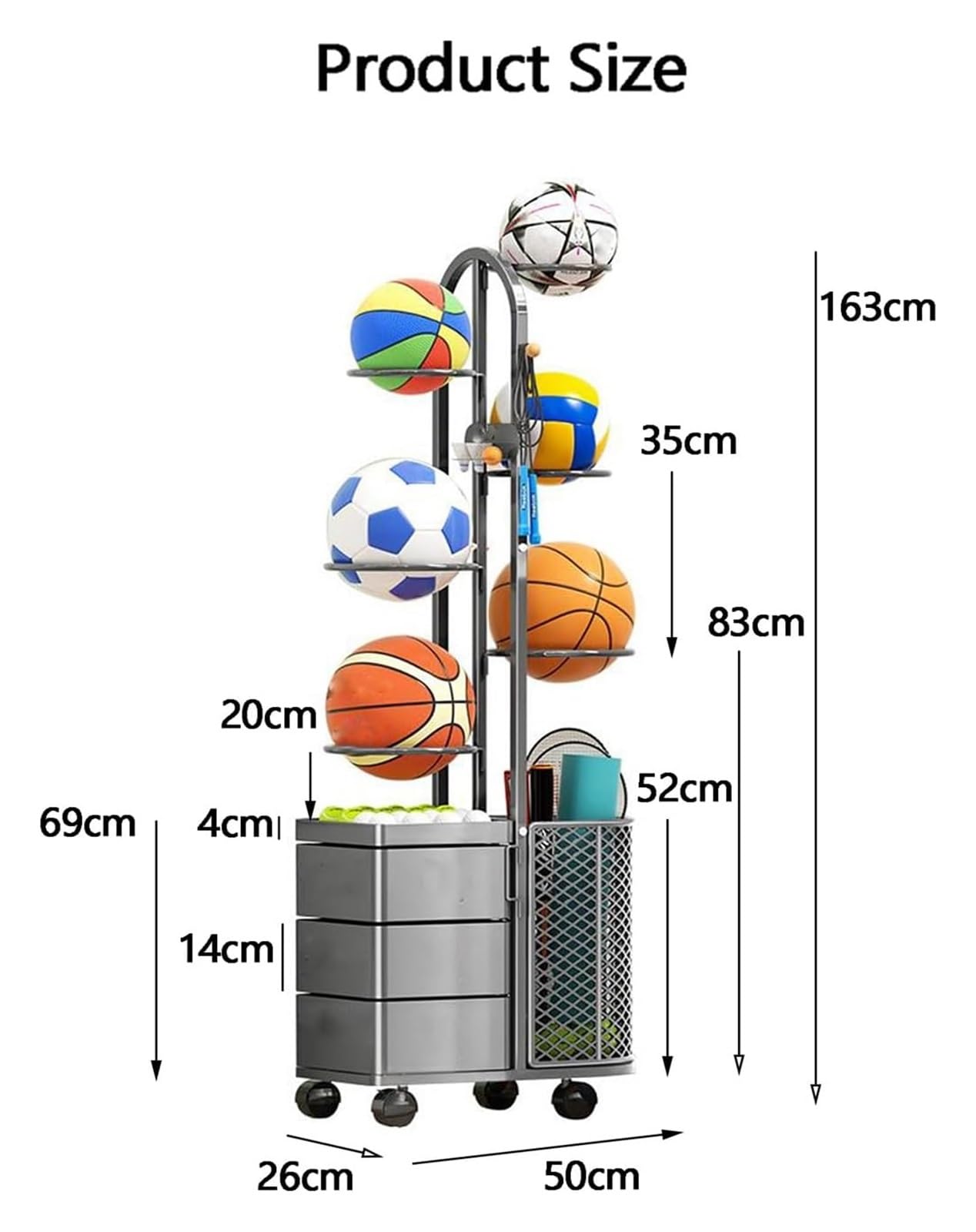 Rastrelliera for Racchette da Tennis, Espositore mobile for racchette da badminton, cestino for palline rimovibile, for basket e badminton