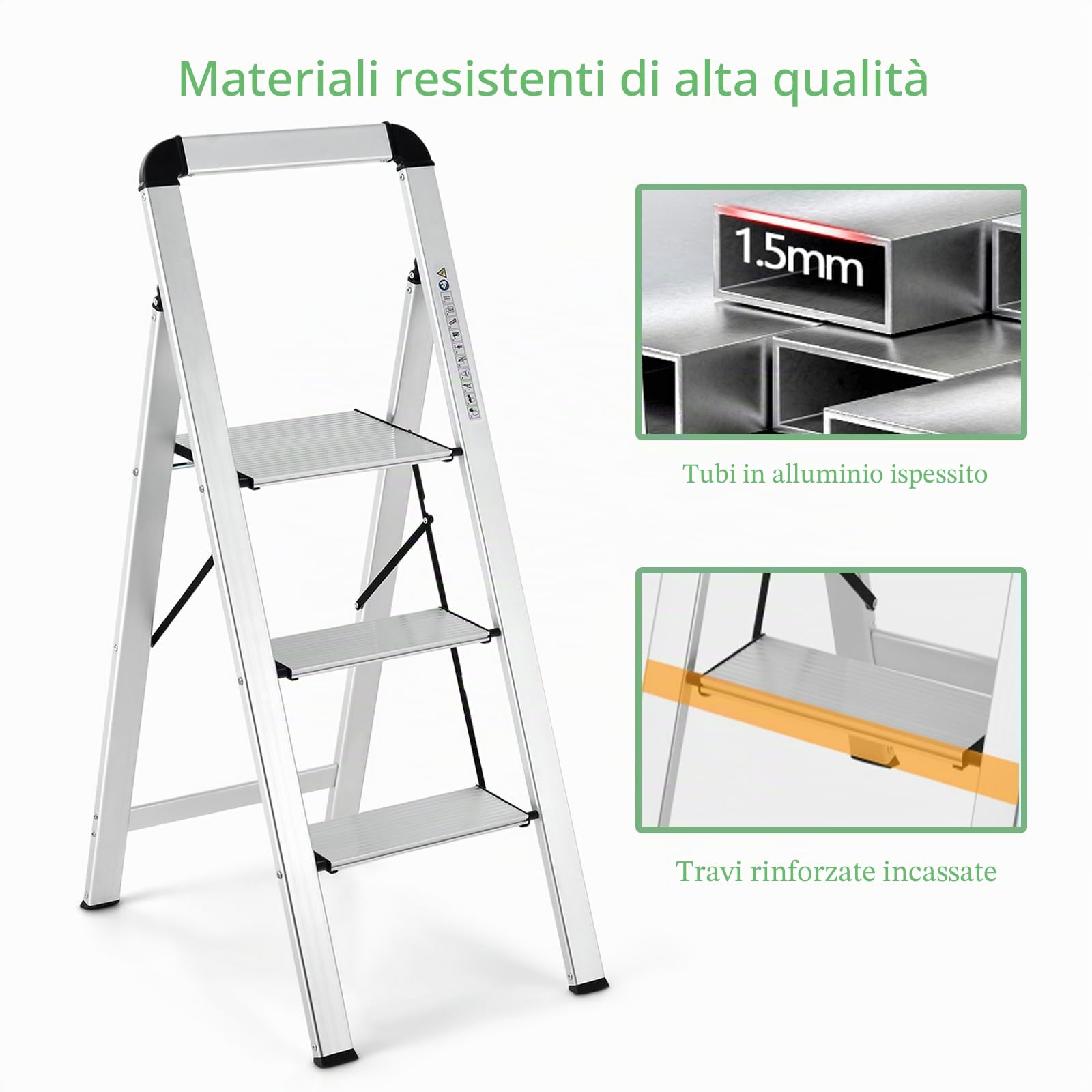 SOARS Scala 3 Gradini in Alluminio, Scaletta Pieghevole con Piedini Antiscivolo, Leggera e Portatile, Portata 150 kg, Attacco & Fibbia di Sicurezza, per Casa, Officina, Garage, 44 X 62 X 109 CM