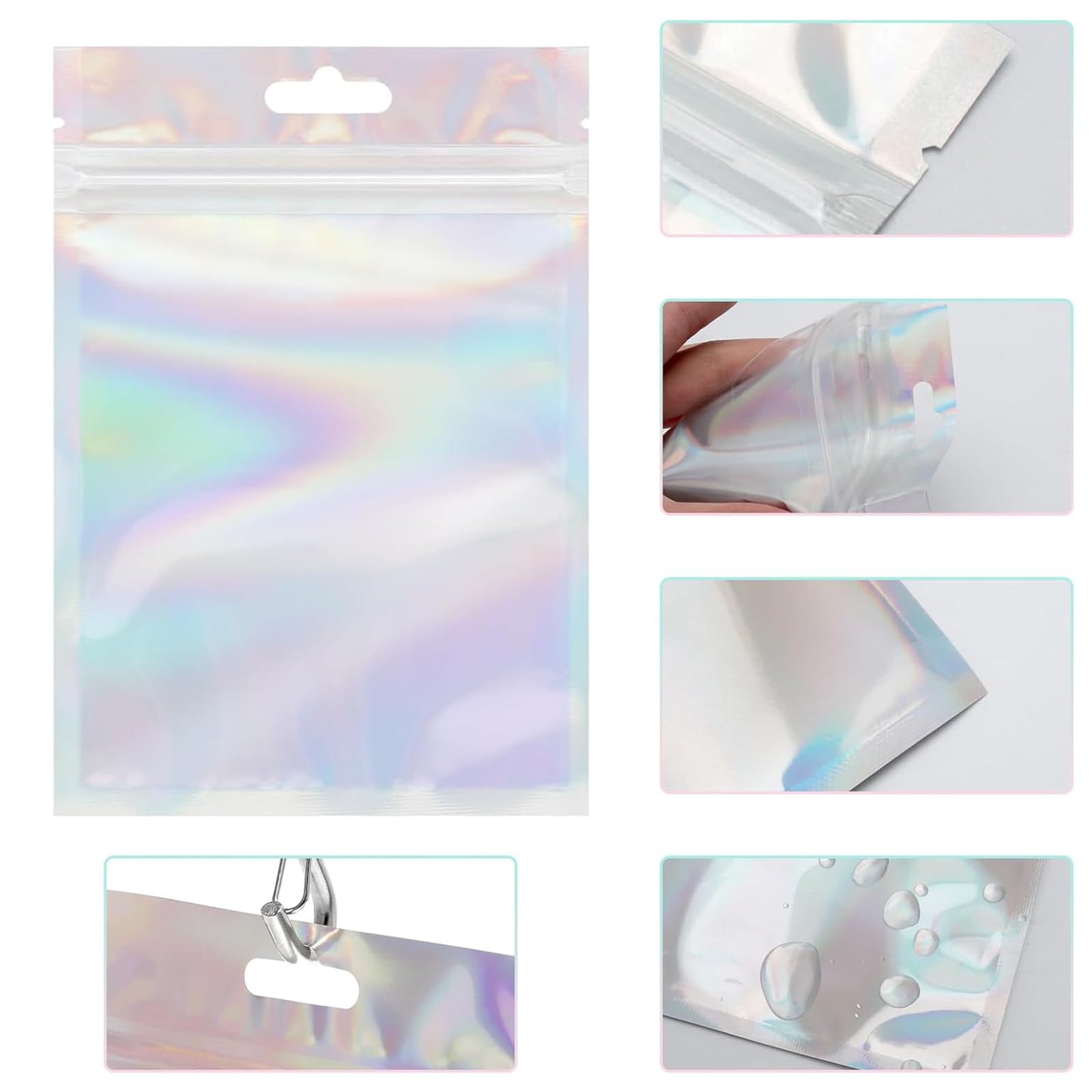 Durimoiy 100 Sacchetti Olografici Neri Con Zip – Con Finestra Frontale, Richiudibili, In Mylar, 14x20 Cm, Per Piccole Imprese E Alimenti - 5