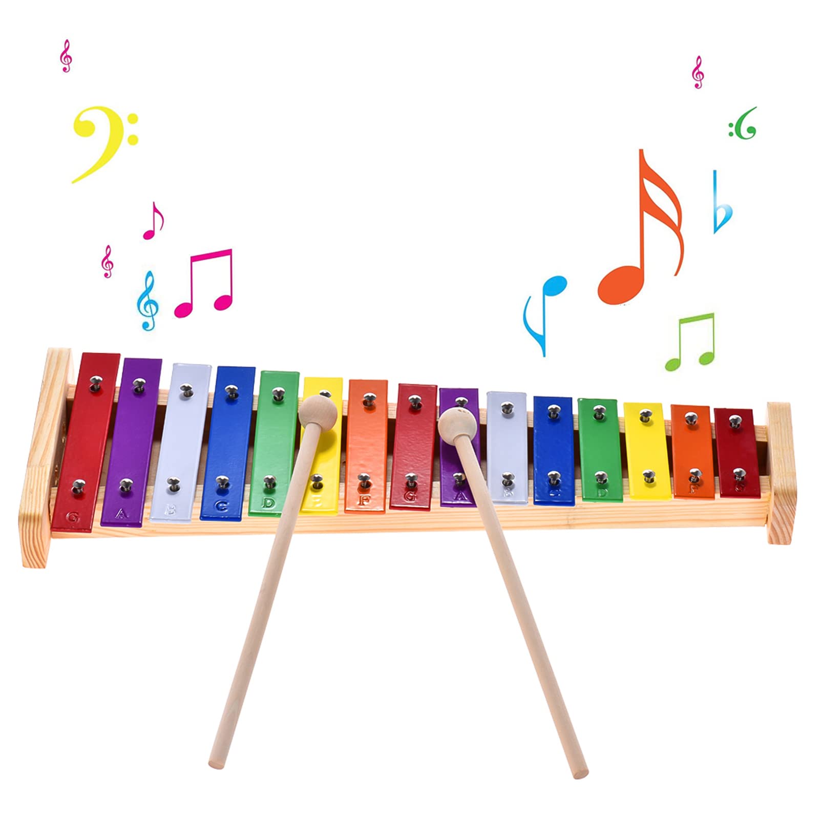Buntes Xylophon 15 Töne Regenbogentaste Xylophon mit 2 Schlägeln Windspiel Holz und Aluminium Percussion Instrument Ideal als Geschenk für pädagogische Instrumente