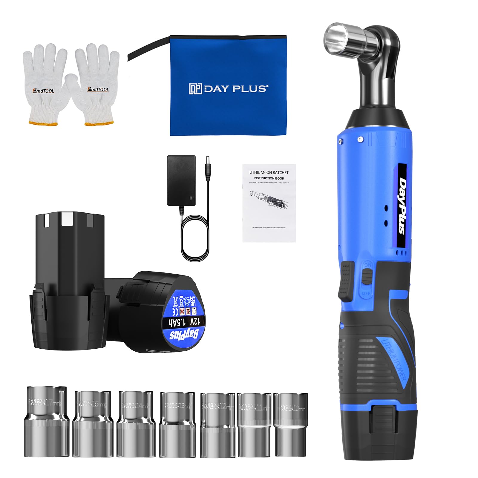 Cordless Electric Ratchet Wrench with LED Light, 12V Battery Powered Ratchet 3/8 Electric Socket Wrench Driver with 2 Packs 1500mAh Battery, 7 Sockets