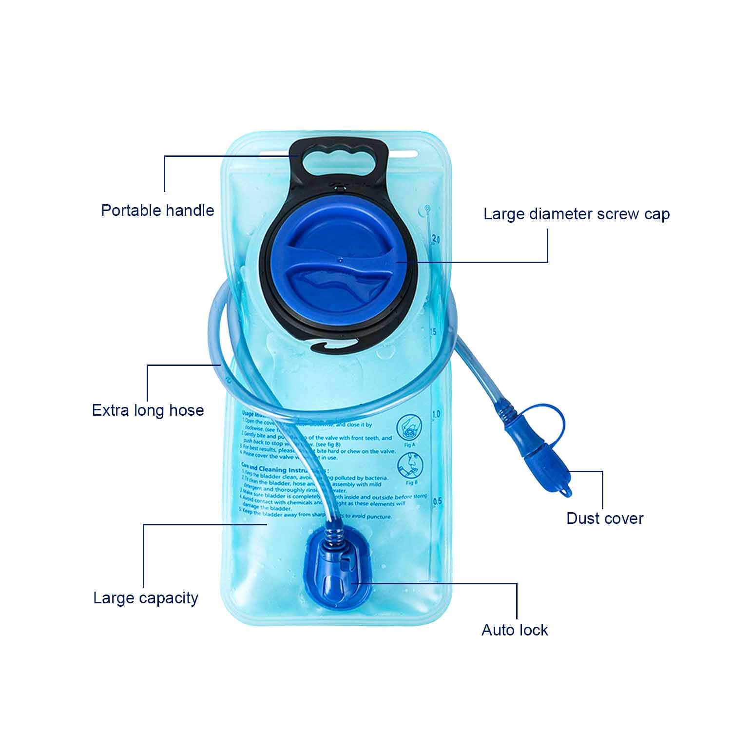 1 sacchetto per l'acqua da 2 litri, portatile, per lo sport, a prova di perdite, sacchetto dell'acqua riutilizzabile, per ciclismo, campeggio, escursioni (blu)