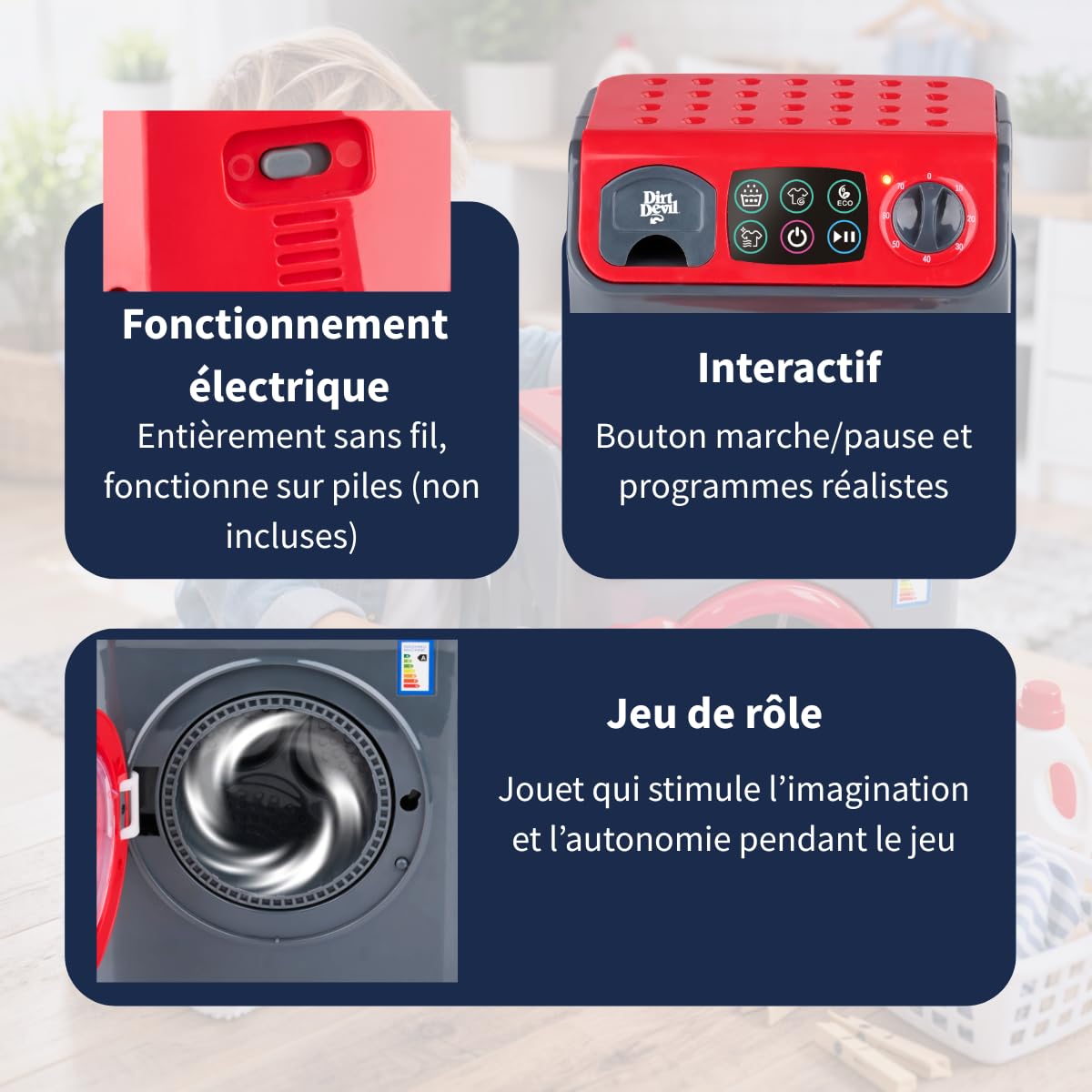 Dirt Devil Machine à Laver Jouet Enfant – avec Lumière et Sons – Prête à l’Emploi – 16,5 x 13 x 22,5 cm – Lave Linge Enfant Jouet pour Jeux de Rôle