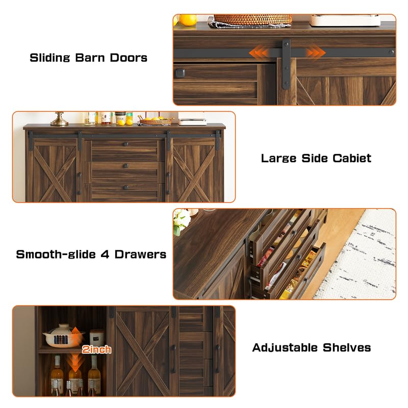 Luoxiao-Large-Farmhouse-Buffet-Cabinet-with-Storage-55-Wood-Modern-Kitchen-Storage-Cabinet-with-4-Drawers-Sliding-Barn-Doors-Adjustable-Shelf-Coffee-Bar-Cabinet-for-Living-Room-Kitchen-Dark-Oak Luoxiao Large Farmhouse Buffet Cabinet with Storage 55 Wood Modern Kitchen Storage Cabinet with 4 Drawers Sliding Barn Doors Adjustable Shelf Coffee Bar Cabinet for Living Room Kitchen Dark Oak