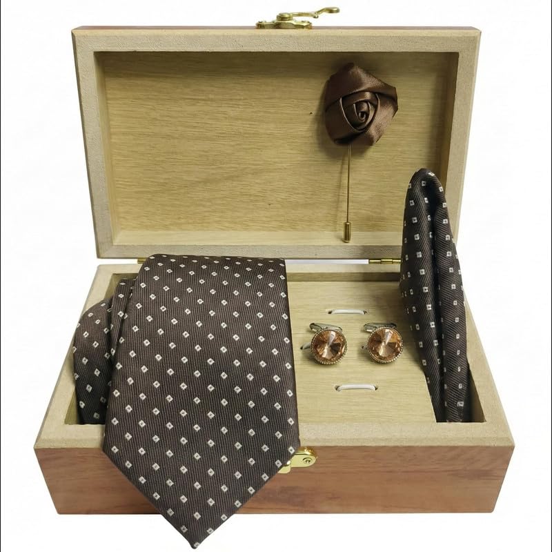 Image of Men's Necktie Gift Set with Wooden Box | Premium Tie, Pocket Square, Cufflinks & Lapel Pin | Elegant Formal Accessories Gift for Men