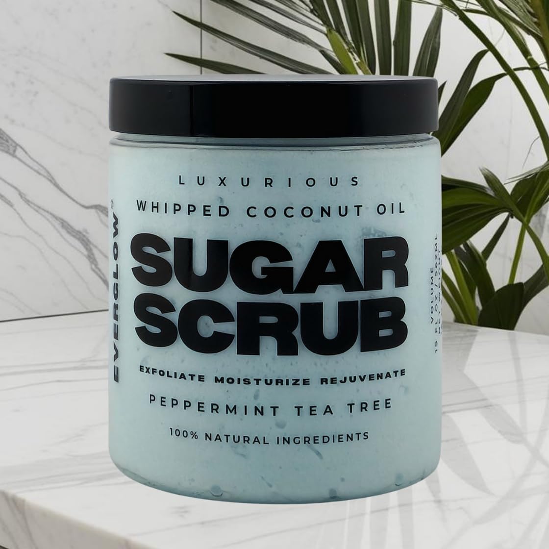 SUGAR SCRUB ALL NATURAL LUXURIOUS – PEPPERMINT TEA TREE Whipped Coconut Oil Sugar Scrub Jumbo 19 Fl Oz Tub