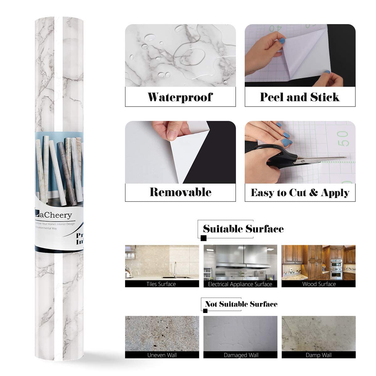 LaCheery 90cm x 400cm Pellicola Adesiva per Mobili Marmo Bianco Carta Adesiva per Mobili Grigio Impermeabile Pellicola Autoadesiva Cucina Grigio per Tavoli Armadio Carta da Parati Autoadesiva Lavabile