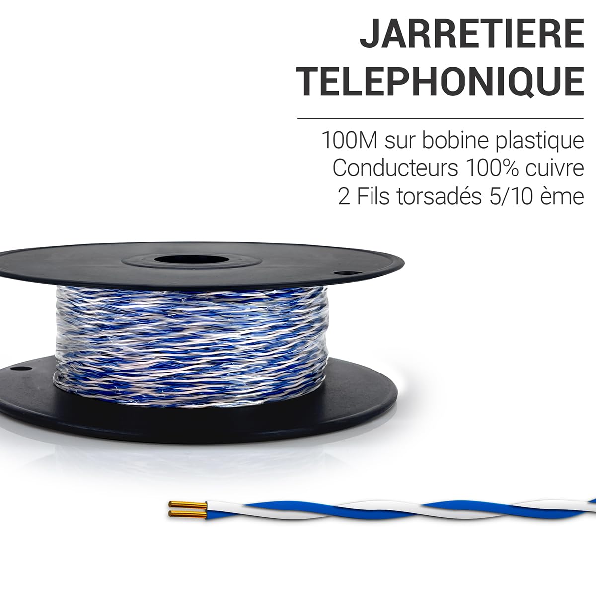 Waytex 36501 Jarretière Téléphoniques 2 Fils 1 paire Bleu/Blanc 5/10EME Conducteurs monobrin cuivre - Bobine plastique de 100 m