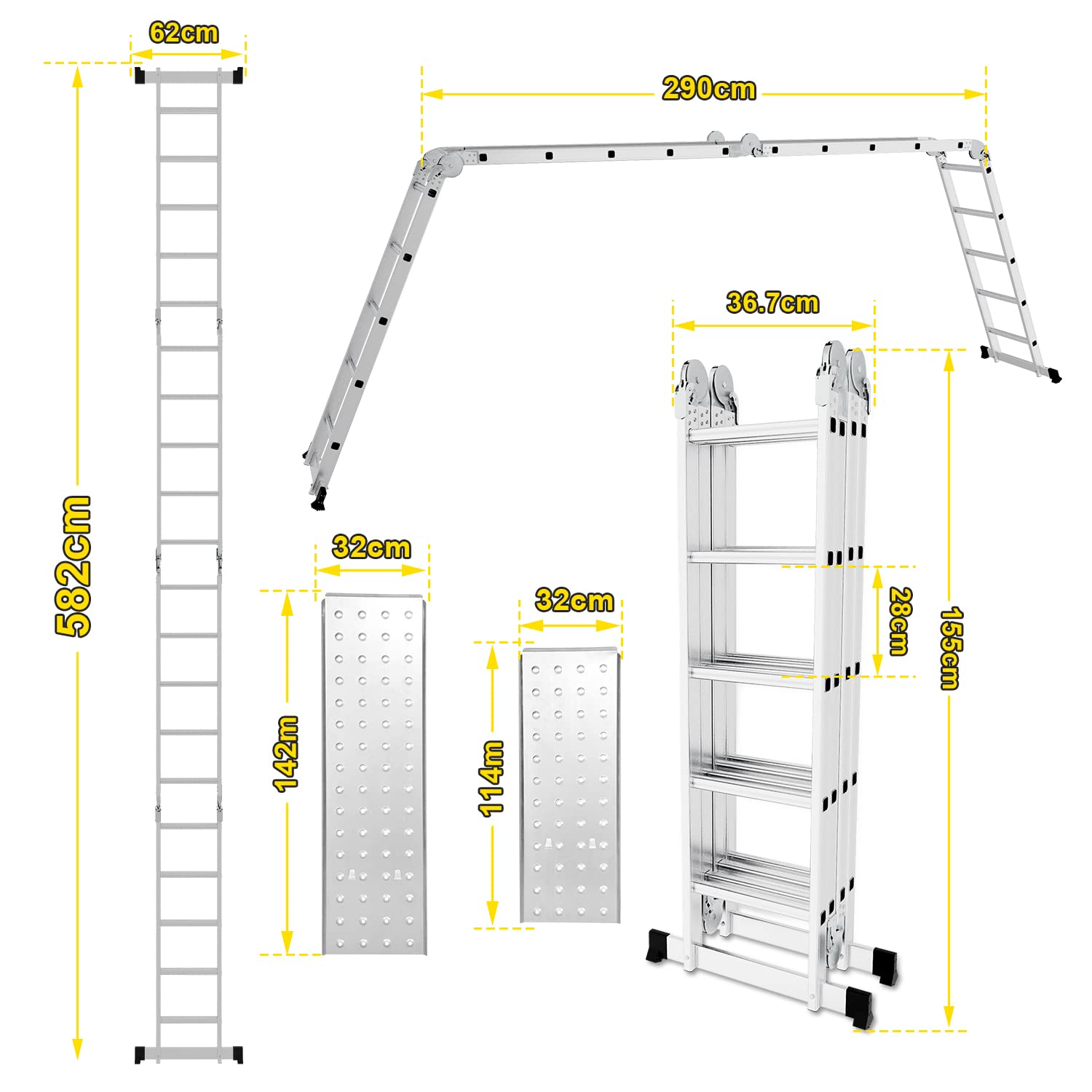 Escalera Multiusos 4 x 5, 582 cm 7 en 1 de Aluminio multifunción Escalera Plegable con 2 Placas Metálicas, para el hogar Escalera de Trabajo Plataforma, Carga de 150 kg