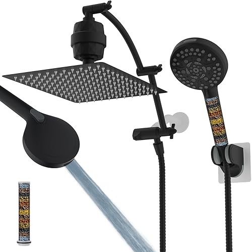 Hibbent All Metal - Cabezal de ducha filtrado de 12 pulgadas, cabezal de ducha de mano de alta presión con brazo de extensión de arco ajustable de