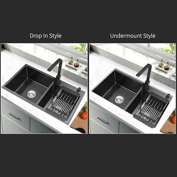 Black Double Bowl Kitchen Sink Stainless Steel Sink Topmount Undermount Handmade Kitchen Sink Workstation Kitchen Sink with Drain Tray Prep Sink Double Bowl 2-Holes Kitchen Sink for Restaurant