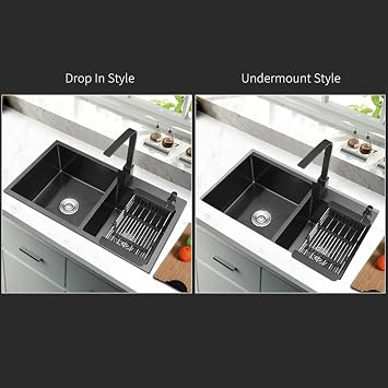 Black Double Bowl Kitchen Sink Stainless Steel Sink Topmount Undermount Handmade Kitchen Sink Workstation Kitchen Sink with Drain Tray Prep Sink Double Bowl 2-Holes Kitchen Sink for Restaurant