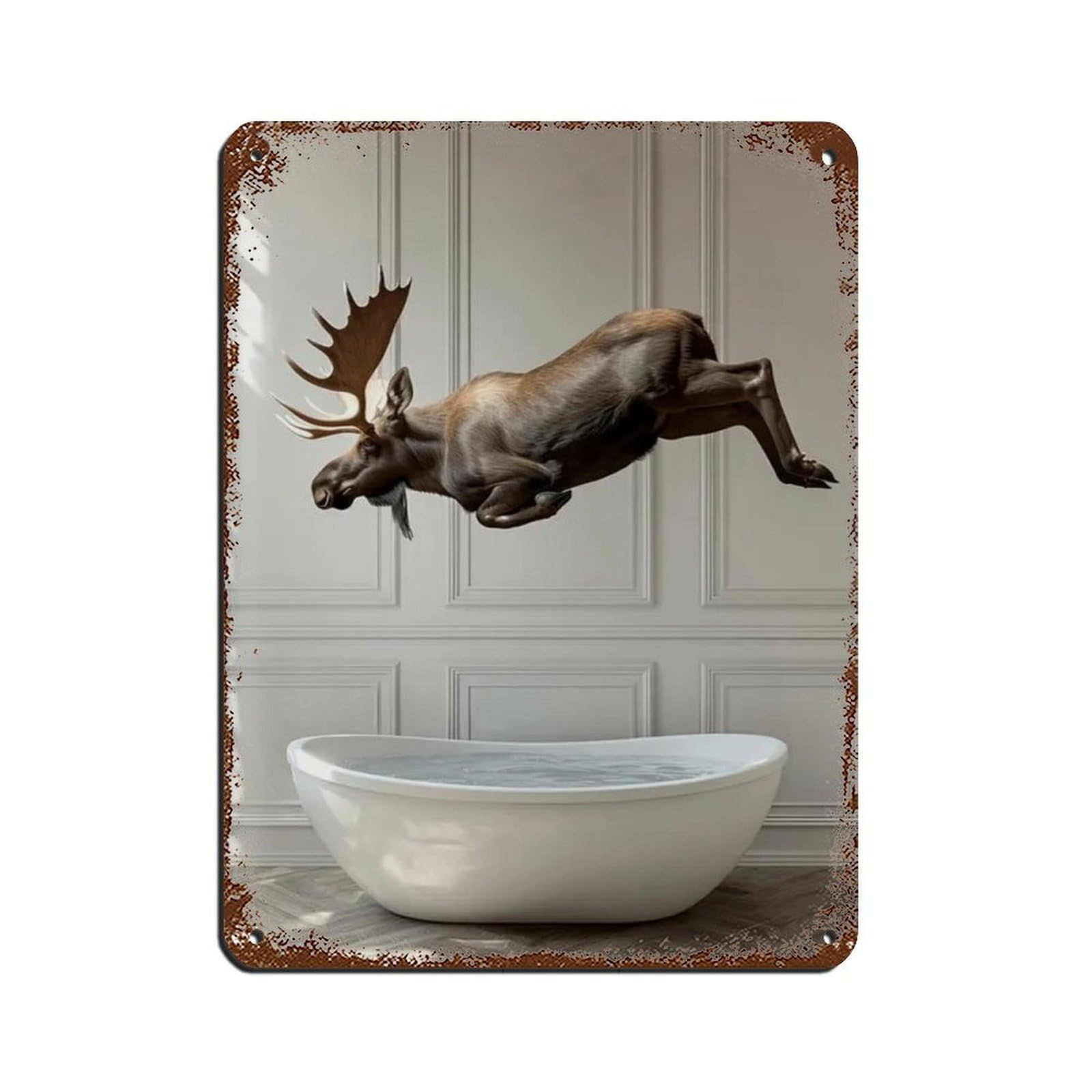 Moose Jumping Into Bathtub, Funny Bathroom Art Tin Sign Vintage Metal Pub Club Cafe Bar Home Wall Art Decoration Poster Retro 12x16inch(30x40cm)