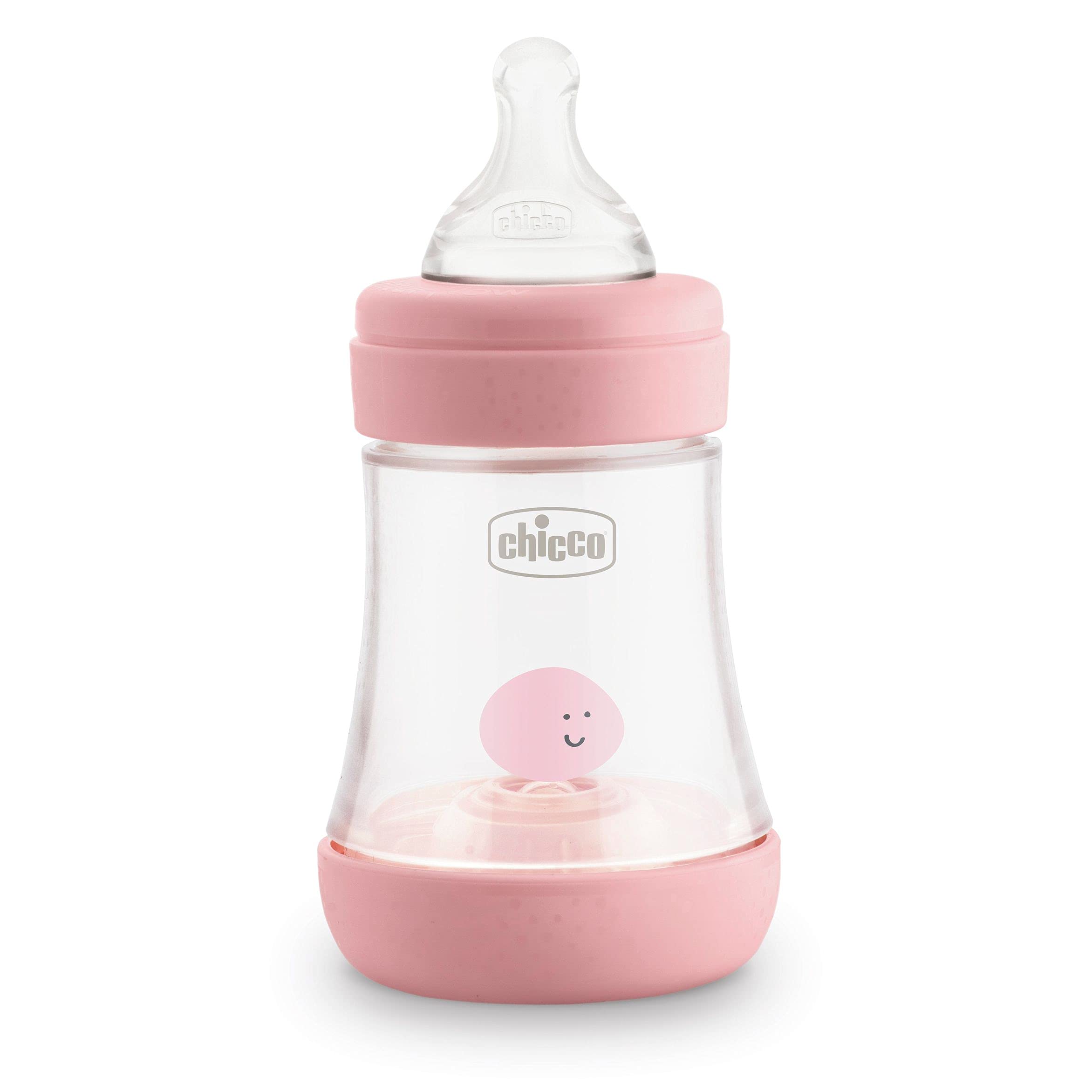 Chicco Perfect 5 Biberones Anticólicos con Tetina de Silicona de Flujo Lento para 0+ Meses, Biofuncional con Sistema Intuiflow, Color Rosa, 150 ml