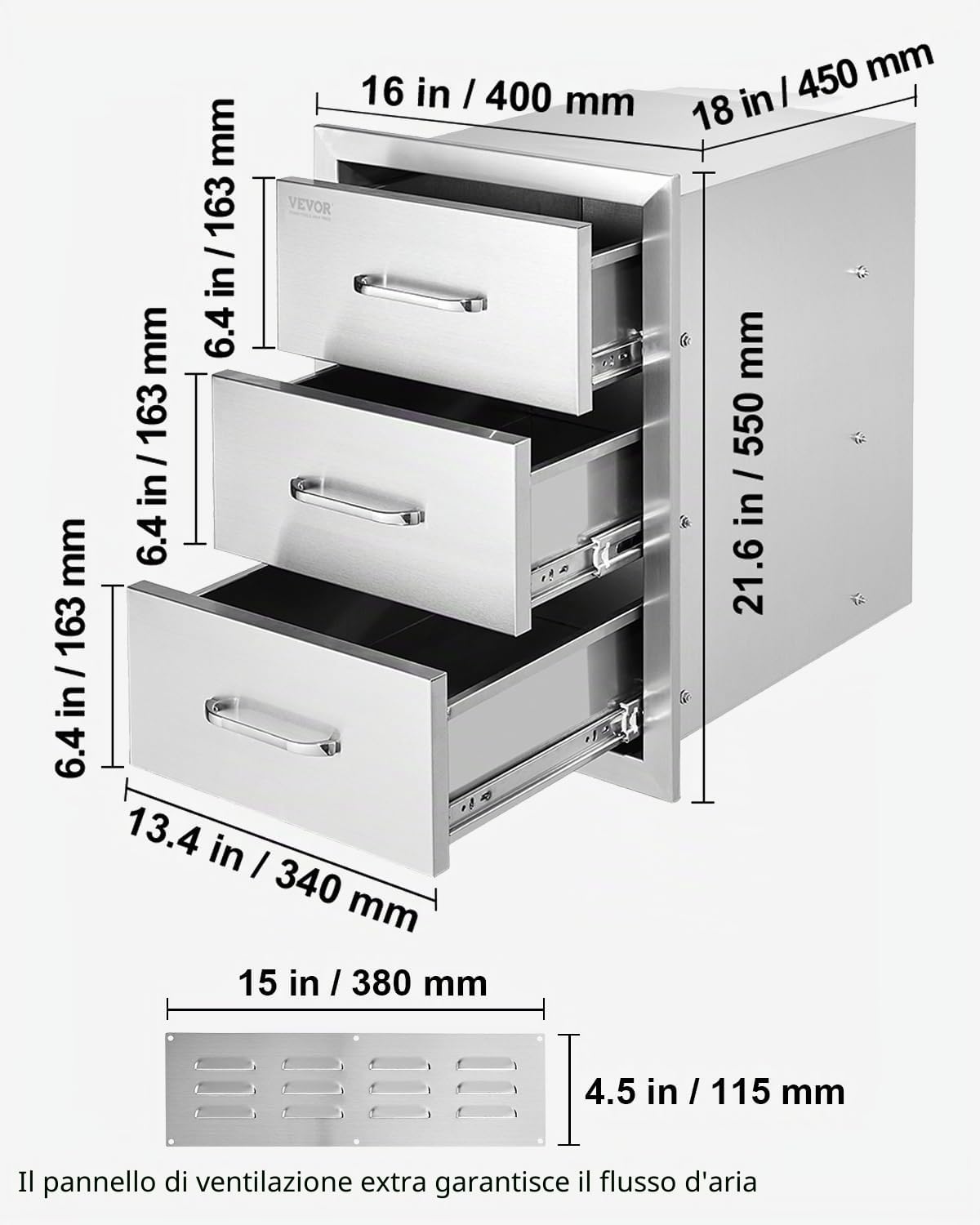 VEVOR Cassettiera Cassetto Tre Piani a Filo, 15,7 x 21,6 x 17,7 pollici Cassetti da Cucina per Esterni d'Argento in Acciaio Inossidabile, Usato nella Cucina all'Aperto, Come Stoviglie, nell'Armadietto