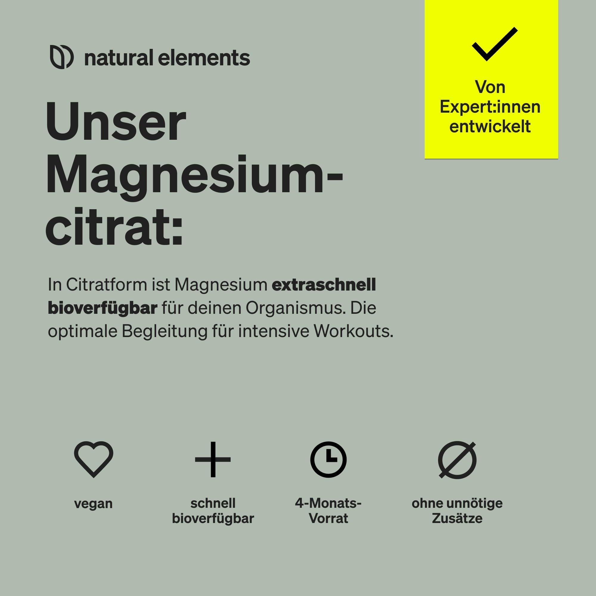 natural elements Magnesiumcitrat – 360mg elementares Magnesium pro Tagesdosis – 365 vegane Kapseln – 4-Monats-Vorrat – hochdosiert, ohne Zusätze – in Deutschland entwickelt & laborgeprüft