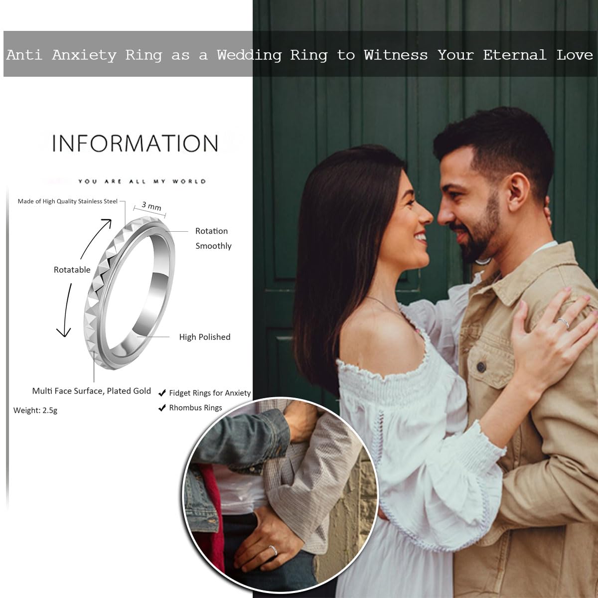 Anillos de ansiedad de acero de titanio de 0.118 pulgadas para mujeres y hombres, anillos multifacéticos para ansiedad, anillos giratorios de rombos para aliviar el estrés, ajuste cómodo para 7