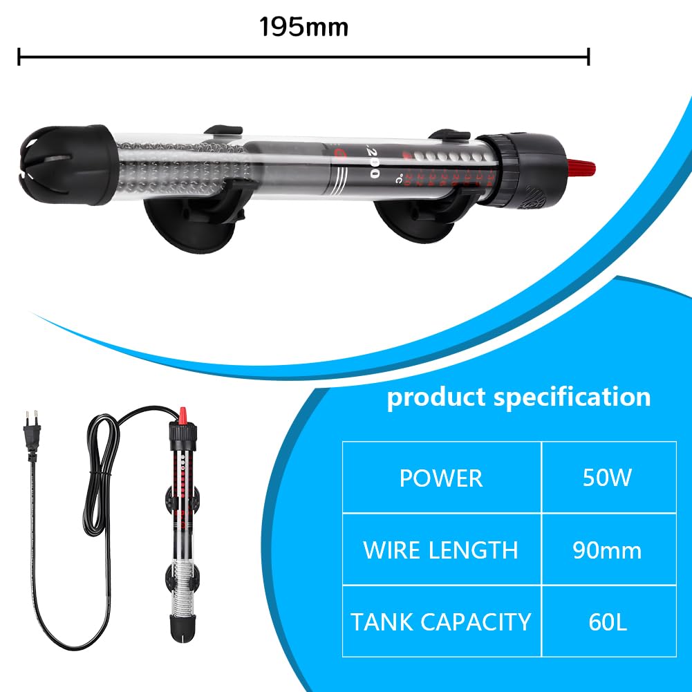 Ogrzewanie akwarium 50 W, 60 l, termostat, pręt grzewczy, regulowany grzejnik z przyssawkami, grzejnik do akwarium, regulowany grzejnik akwariowy, regulowana temperatura, do zbiorników na ryby, termometr