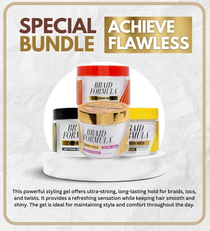 EBIN NEW YORK Braiding Gel – BRAID FORMULA CONDITIONING GEL – Superhold Dr. Feel Good, Superhold, Regular, Medium Hold (All 11oz/310ml) bundle Provides Firm Hold, Lightweight – Gift Set (4 Items)