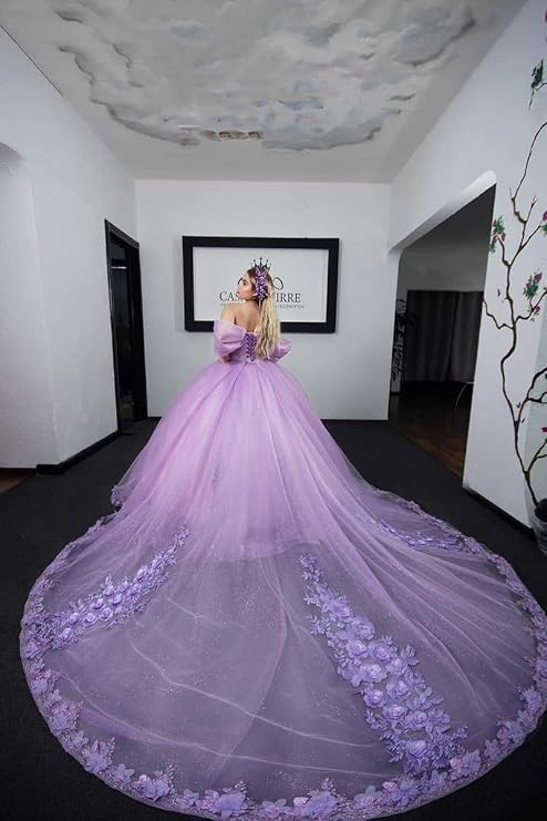 Mouccy Sweet Lace Off Shoulder Quinceanera Dresses Ball Gown Puffy Princess Dresses for 15 16 Floral Tulle Prom Gowns XXF038