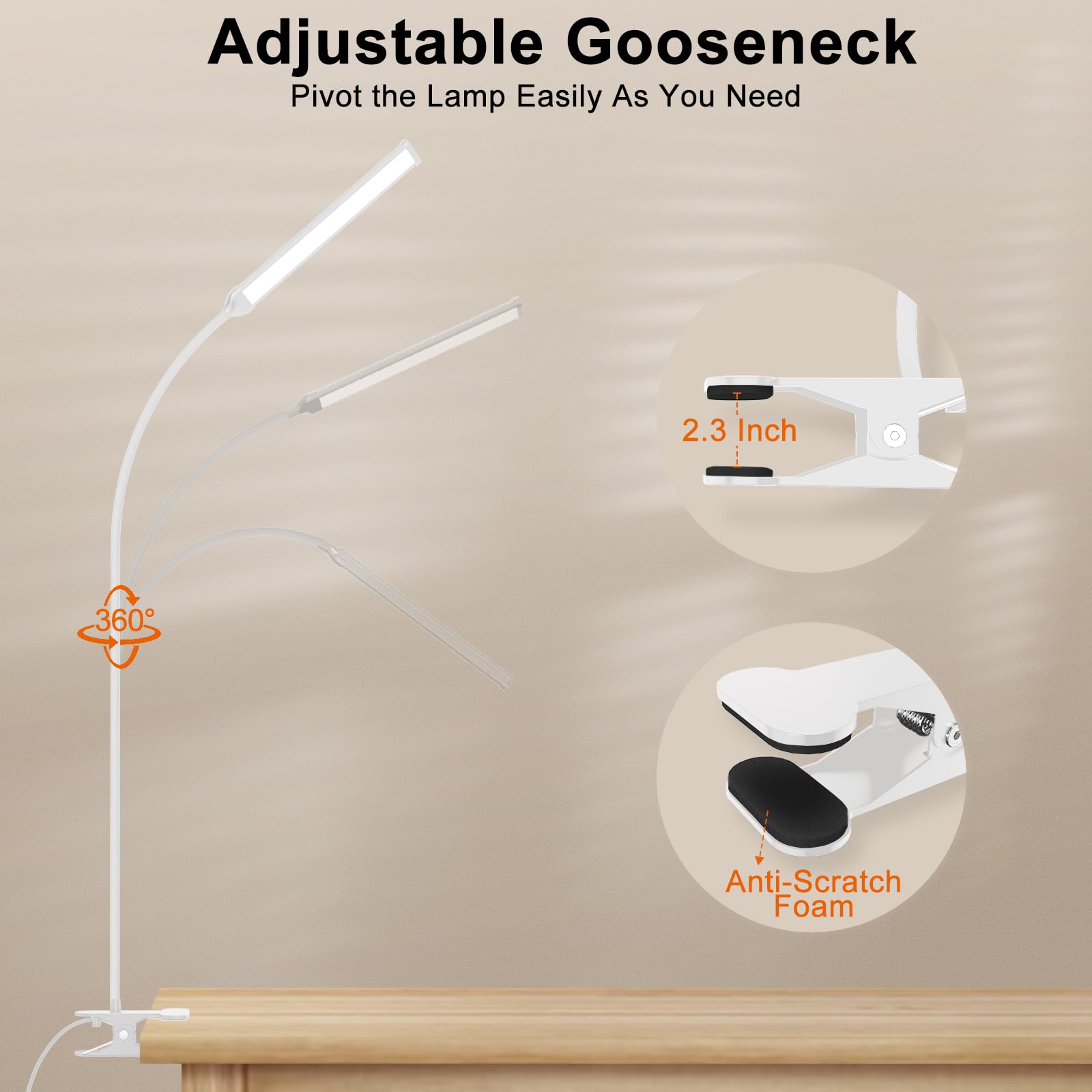 Mojimdo Lampka biurkowa 77 LED z pilotem [Imponująca moc świetlna] 70CM Lampka zaciskowa, 3 kolory & 10 poziomów jasności, 360° Elastyczna z ładowarką USB