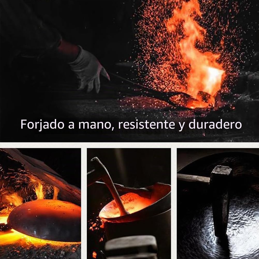 Japanese Iron Pan, 24/28cm Uncoated Iron Pans, Sartén de Hierro Antiadherente Forjada a Mano, sin Revestimiento, Sartén Grande con Tapa de Madera, para Cocinas (Tapa de madera, 24cm)