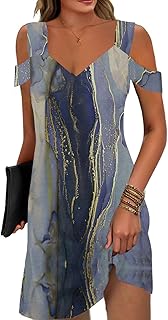 Womens Summer Dress Cold Shoulder V Neck Floral Printed 2025 Fashion Sundress with Pockets - Buy now