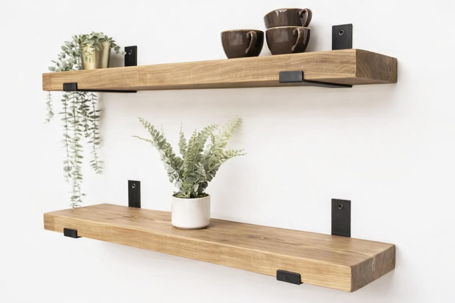 Rustic Floating Shelf, 6x2 with Black Brackets, Solid Pine, Wall Mounted