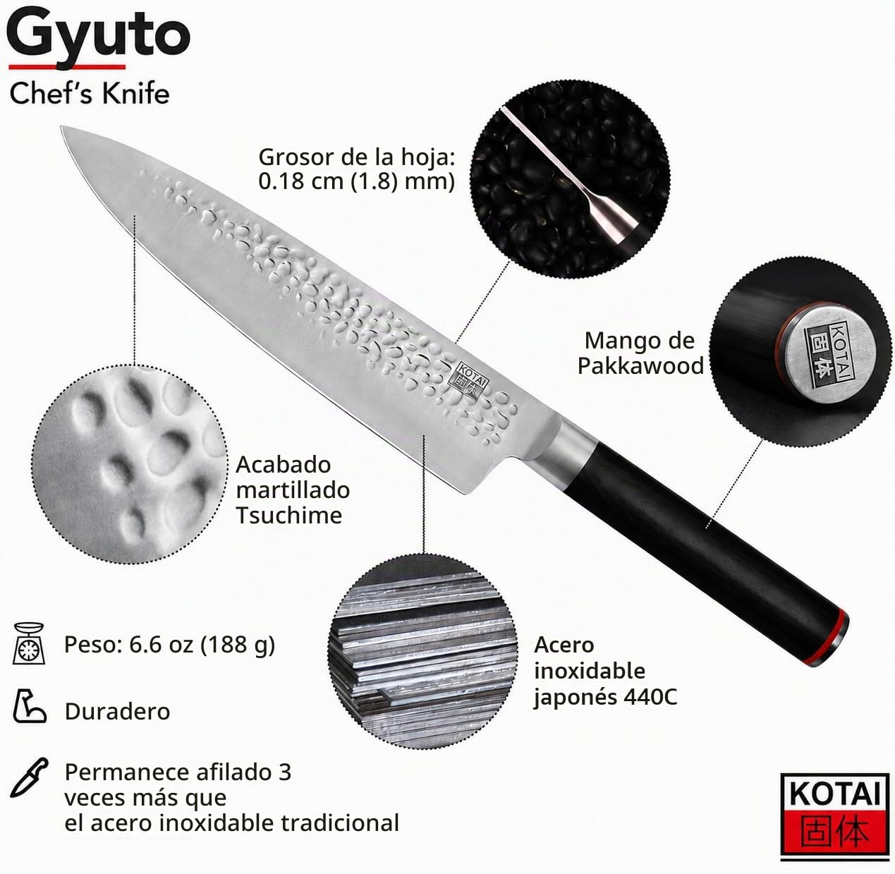 KOTAI | Cuchillo de chef Gyuto | Cuchillo de chef profesional | Hoja de 20 cm | Cuchillos forjados a mano | Acero inoxidable japonés 440C | Mango de madera de Pakka | Tang oculto completo