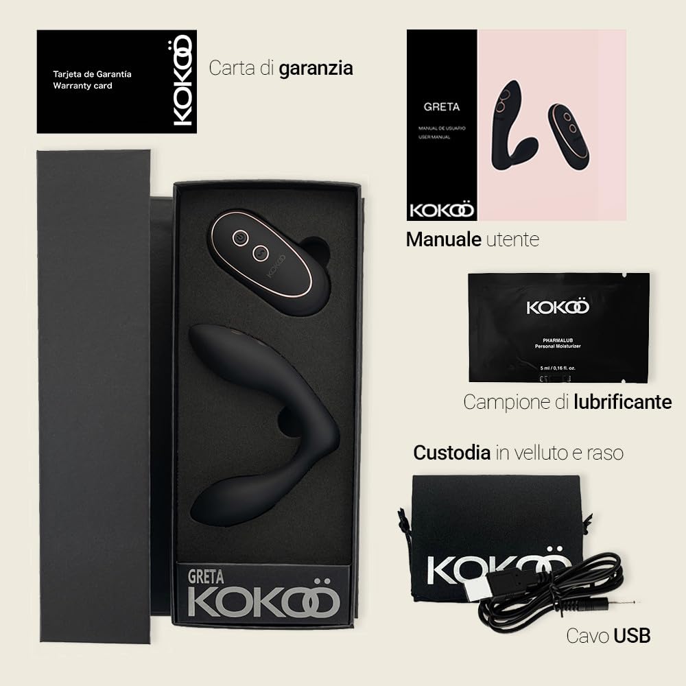 Kokoö Stimolatore Prostatico e Anale con Telecomando Greta | 7 modalità di vibrazione, 3 velocità | Silicone, Motore Potente e Silenzioso, Ricaricabile Tramite USB e Impermeabile (Nero)