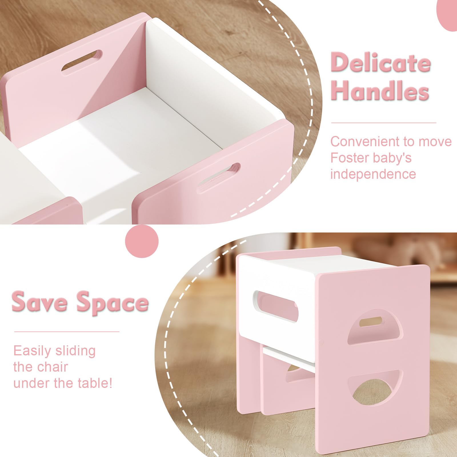 FUNLIO Ensemble Table et Chaise Montessori à Hauteur réglable pour 1-3 Ans, Ensemble Table et Chaise en Bois Massif, pour bébé pour Lire/Manger/Jouer - Rose