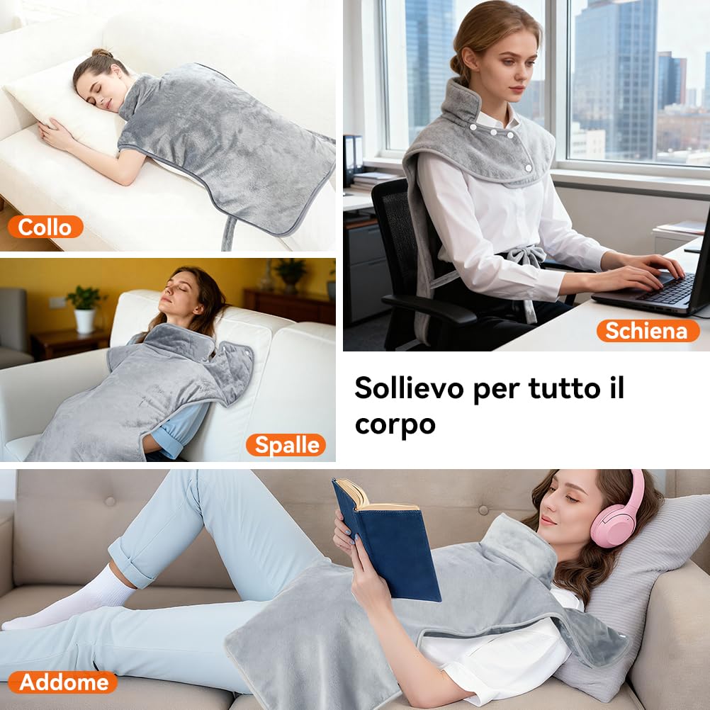 Scaldacollo Elettrico Riscaldante 60x100cm, Design Extra Lungo con Cintura - 6 Temperature Regolabili, 4 Impostazioni Timer e Cavo 2.7m per Cervicale e Schiena