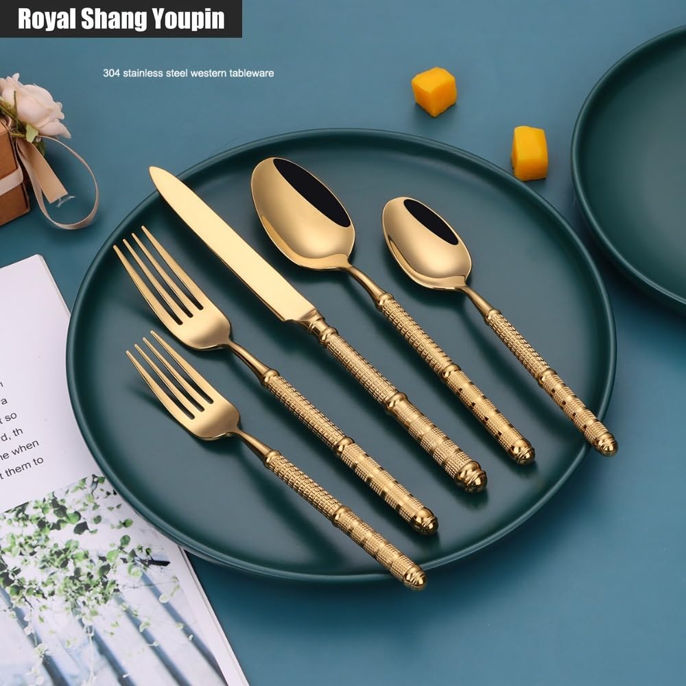 Luce Di Lusso Solido Rilievo Manico Rotondo Cucina Acciaio Inossidabile Posate Stoviglie Posate Set Coltello Da Bistecca Forchetta Cucchiaio Cucchiaino (Oro,5 pezzi)