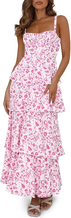 Fisoew Womens Floral Maxi Dresses Spaghetti Strap Casual Sleeveless Ruffle Flowy Tiered Dress