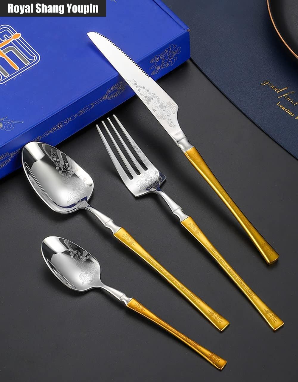 Creativo Vita Piccola Modello Laser Cucina in Acciaio Inox Posate Da Tavola Posate Set Di Posate Coltello Da Bistecca Forchetta Cucchiaio Cucchiaino (Oro argento,16 pezzi)