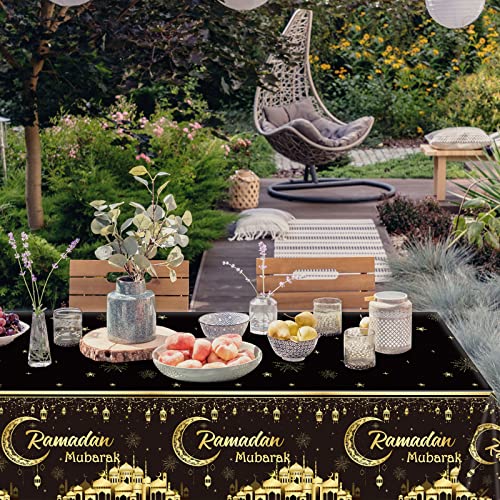 Image of 1PC Ramadan Mubarak Tablecloths Eid Mubarak Table Decorations Ramadan Kareem Party Supplies Black and Golden Rectangle Table Cover for Eid Al-fitr Party Favors
