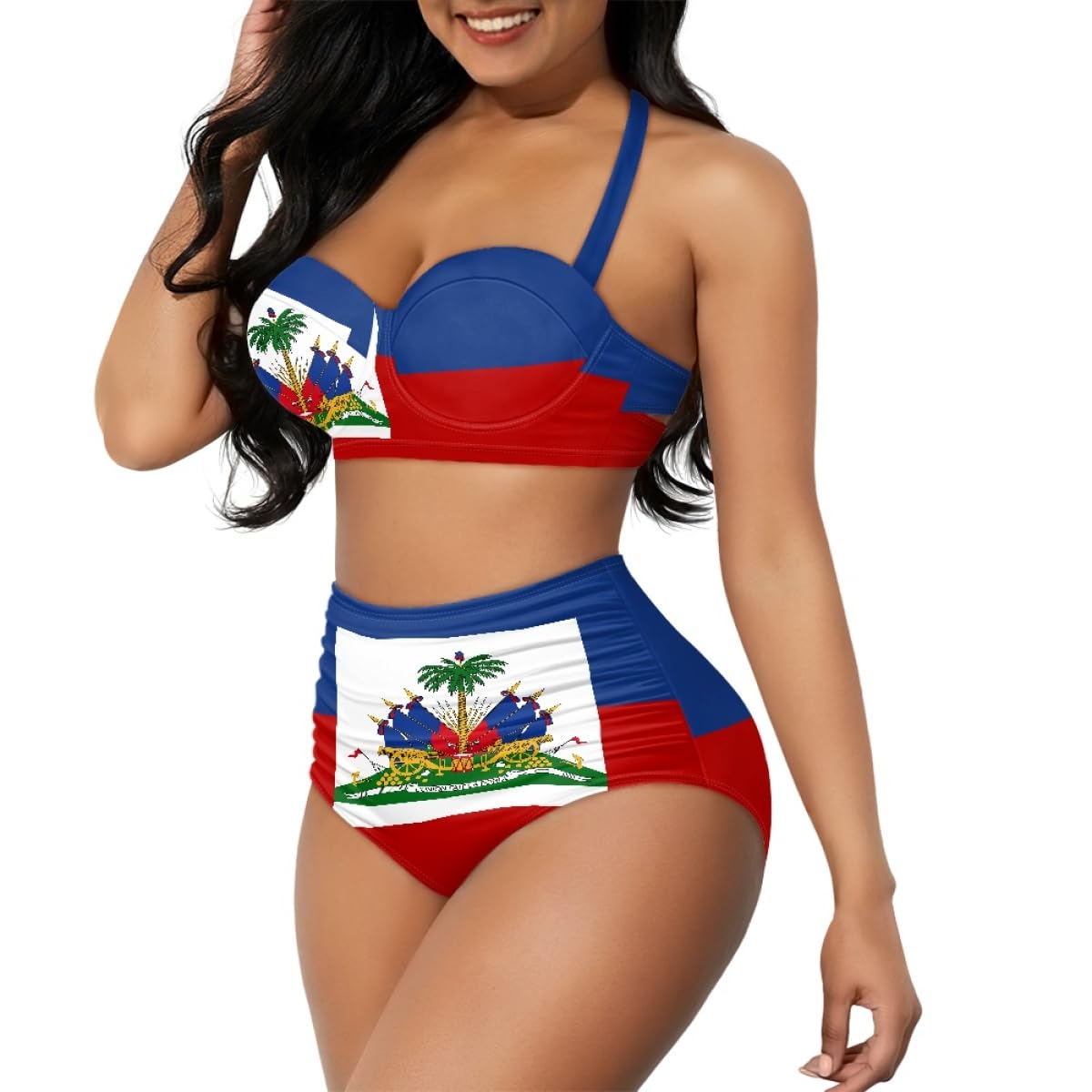 GLUDEAR Women Haitian Flag Print High Waisted Bikini Set Two Piece Tummy Control Vintage Swimsuit Halter Bathing Suit