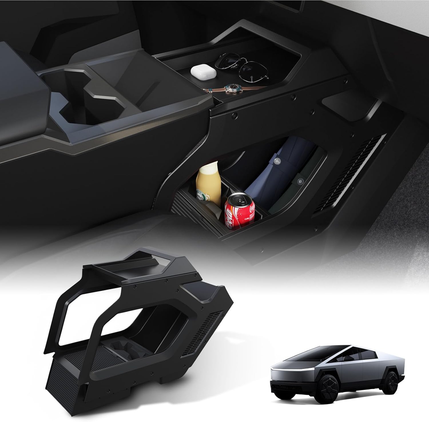 Cyber Truck Center Console Organizer 2023–2026, Custom Fit Double-Layer Tray Insert Storage System, Interior Black Lower Center Console Storage Box Cyber Truck Accessories 2025