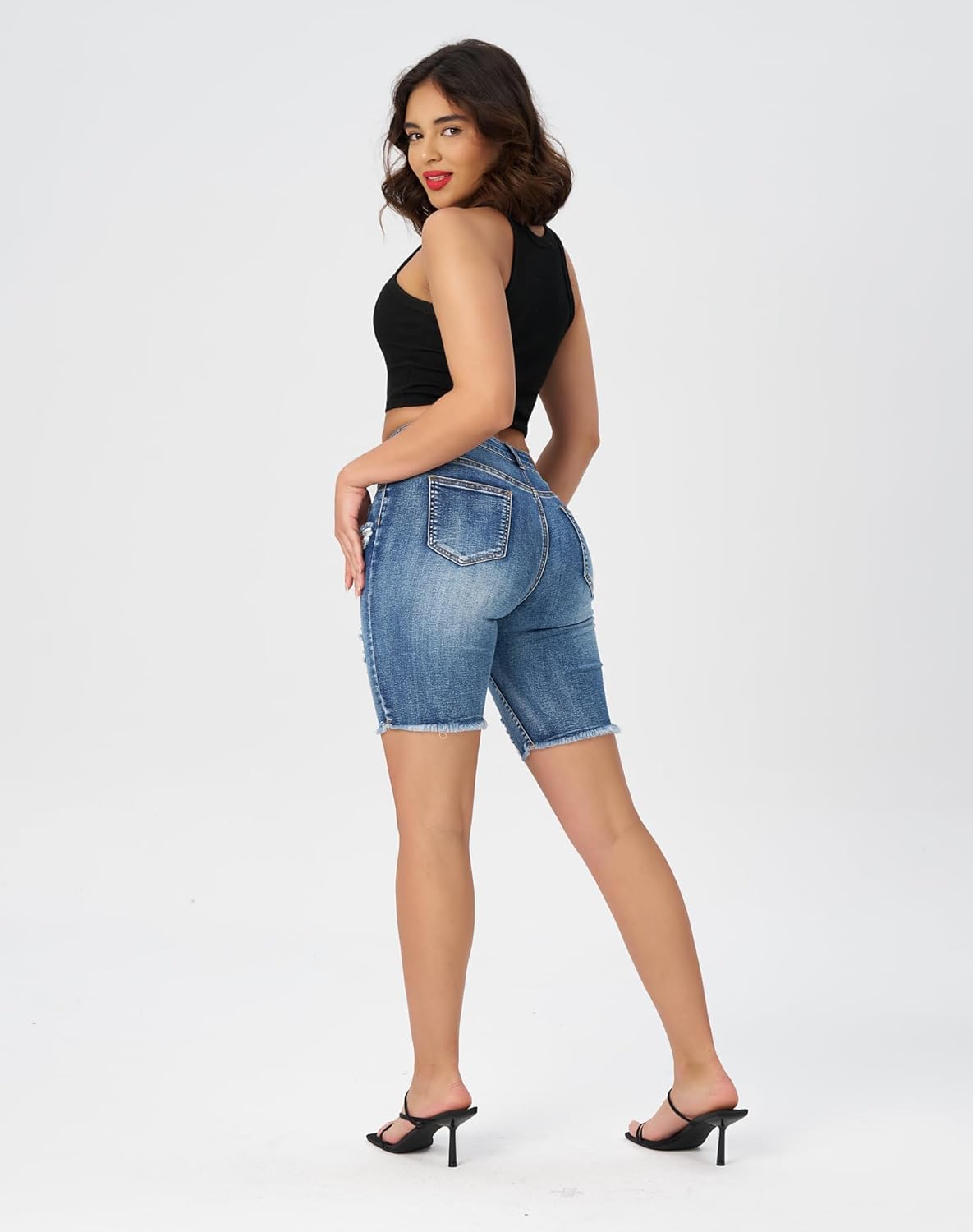 roswear Women Ripped Bermuda Denim Shorts Stretchy High Waisted Jean Shorts Knee Length - Image 2
