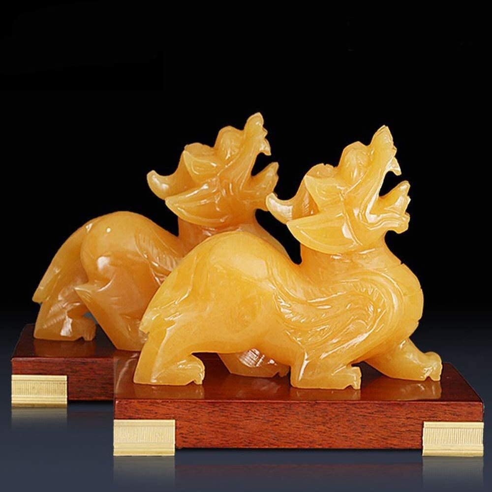 Una Coppia di Statue Cinesi Feng Shui PiXiu/PiYao attirano ricchezza e buona Fortuna Decorazione in Giada Gialla Prosperità Figurine Casa e Ufficio 0904