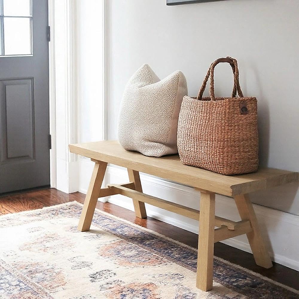 Banco Madera Maciza de Estilo WABI Sabi-Banqueta de Madera Envejecida con Diseño Rústico-Asiento de Madera Natural para Recibidor, Salón, Dormitorio, Comedor y Pasillo 100x32x41cm XZ-24895