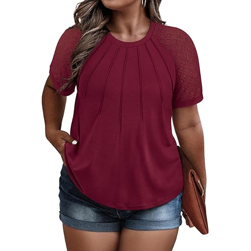 RITERA Plus Size Tops for Women Crewneck Short Sleeve Lace Flower Pleated Front Tshirt Casual Summer Blouse XL-5XL