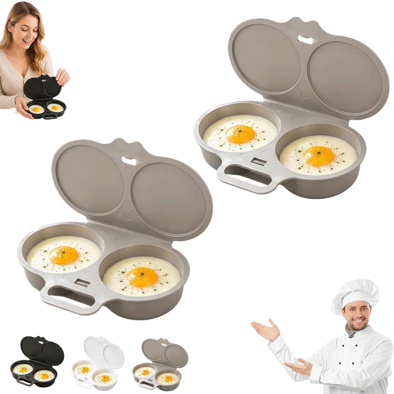 Dual Cavity Microwave Egg Poacher with Lid & Handle (2PCS-Grey)